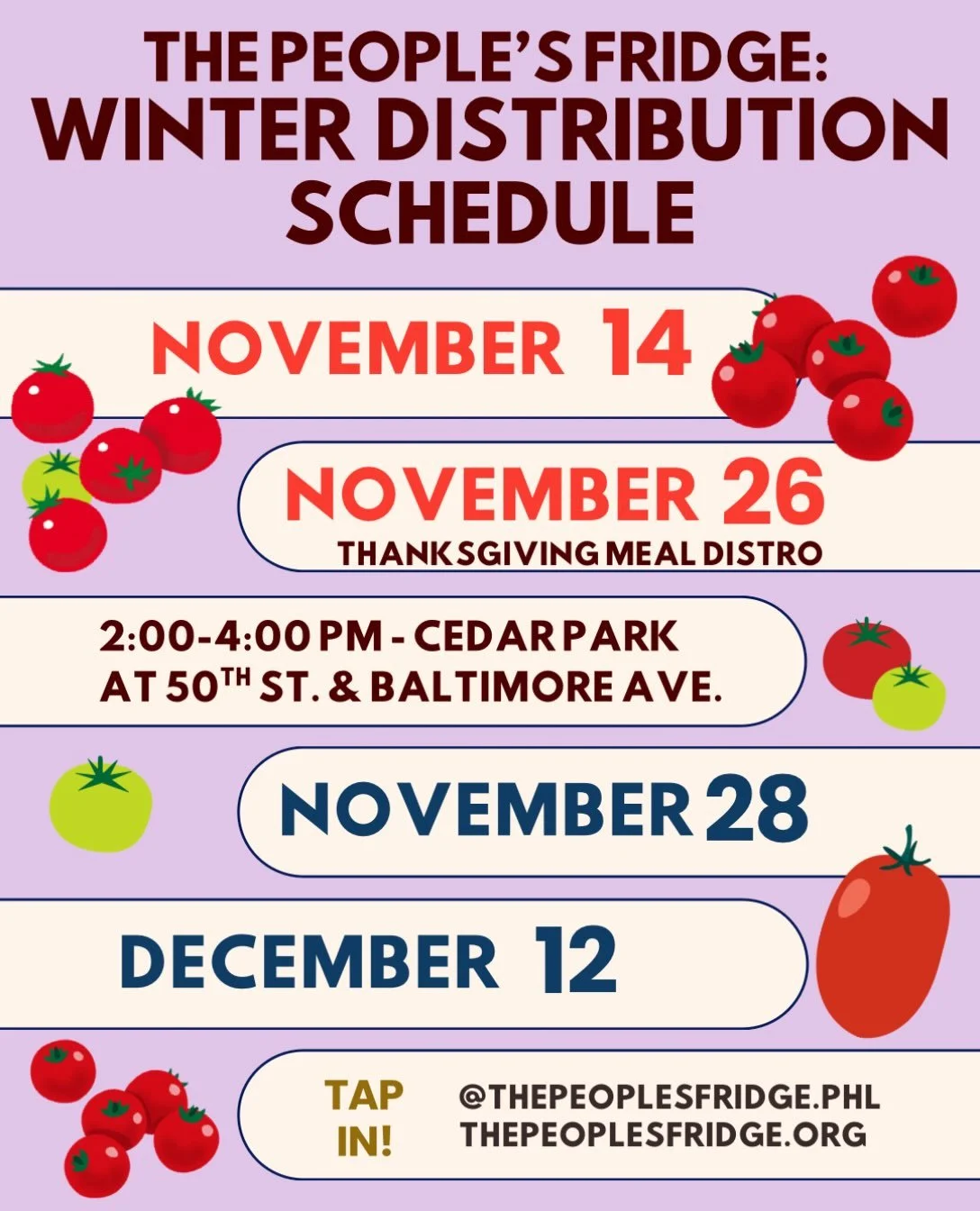 Next batch of dates for grocery distribution are up. 

November 14 
November 28 
December 12 

As always these free grocery events will be at the corner of 50th and Baltimore Ave, from 2:00 til the food runs out! 

On November 26 we will distribute h
