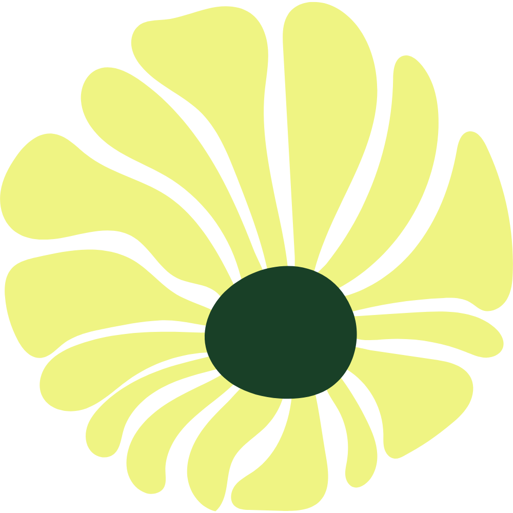 A stylized illustration of a flower with yellow petals and a dark center.
