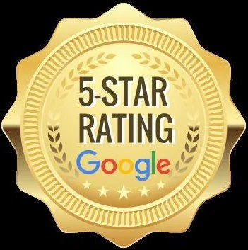 Gold badge with a 5-star rating and Google logo, indicating a 5-star rating on Google.