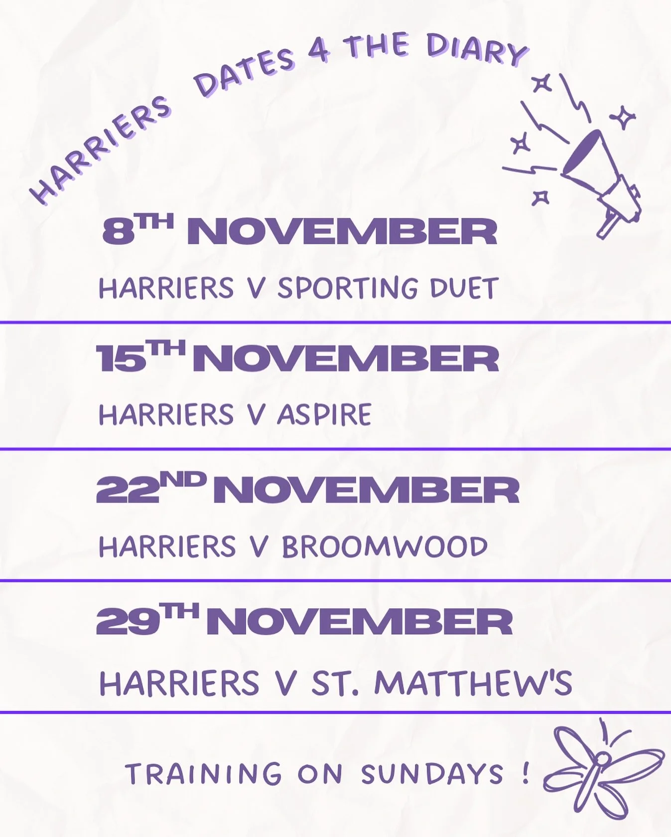 save the dates!! 💜🤍

send us a dm if you want to become a harrier!! ‼️🤟