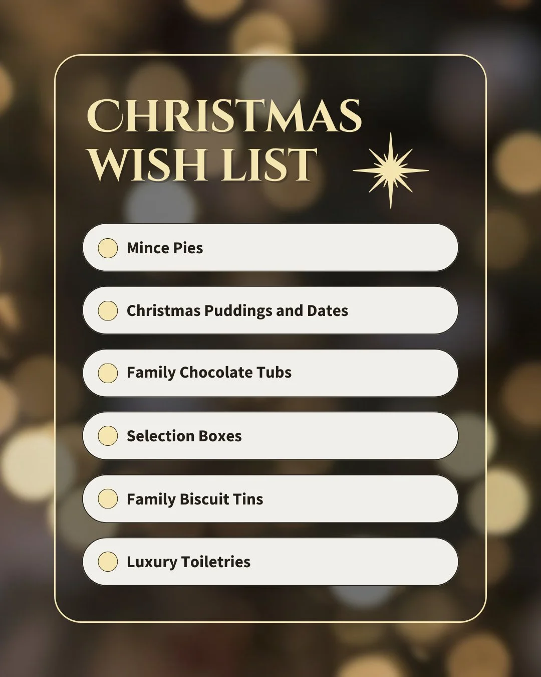 Help us to share the Joy!🌟

This Christmas, we are welcoming donations of the following items to help bless families with some festive treats. If you're out and about doing your Christmas shopping over the coming weeks, please consider picking up an