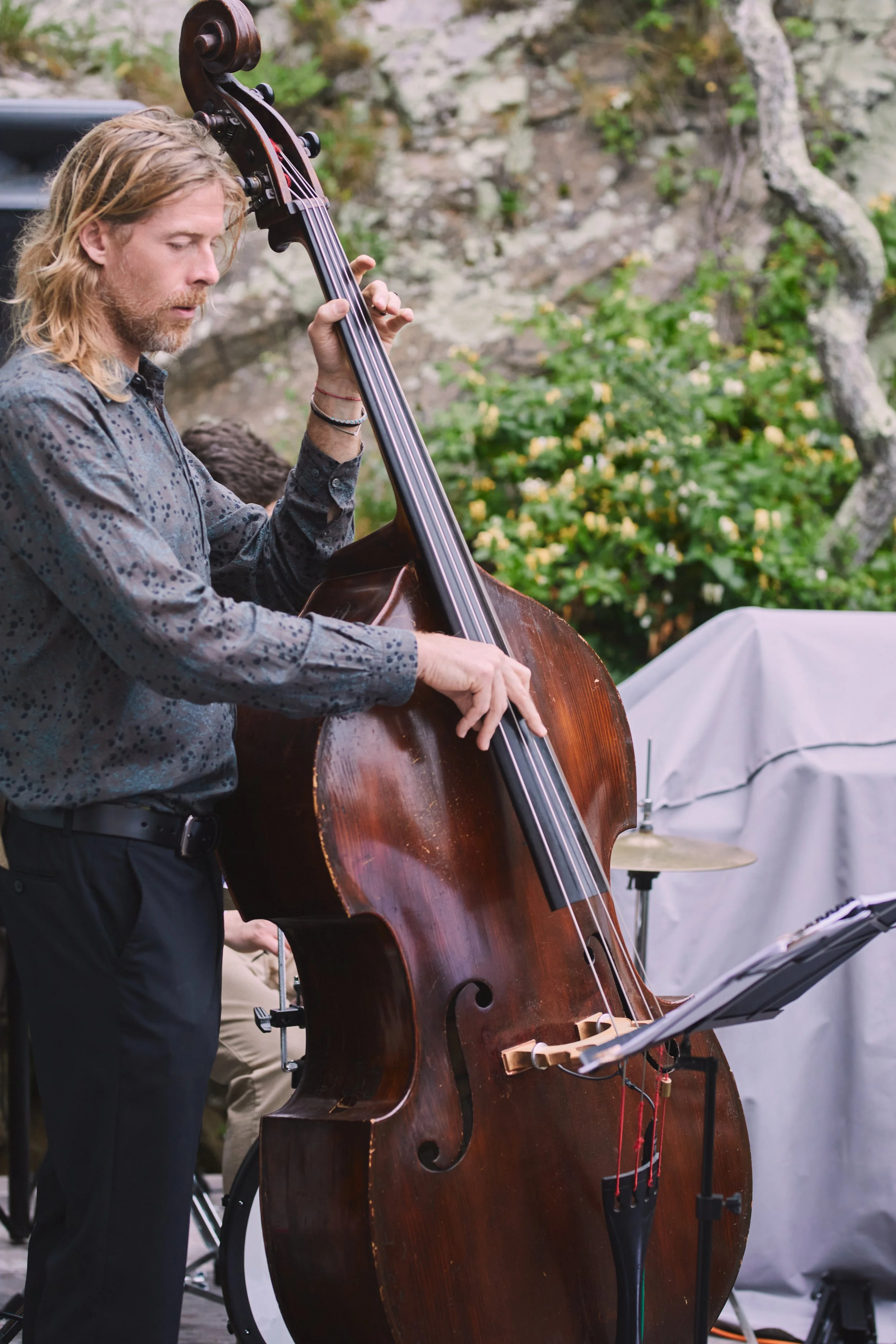 An upright bass player plucks a string at an outdoor, seaside wedding in Jamestown, Rhode Island during the cocktail hour, looking at his music stand.