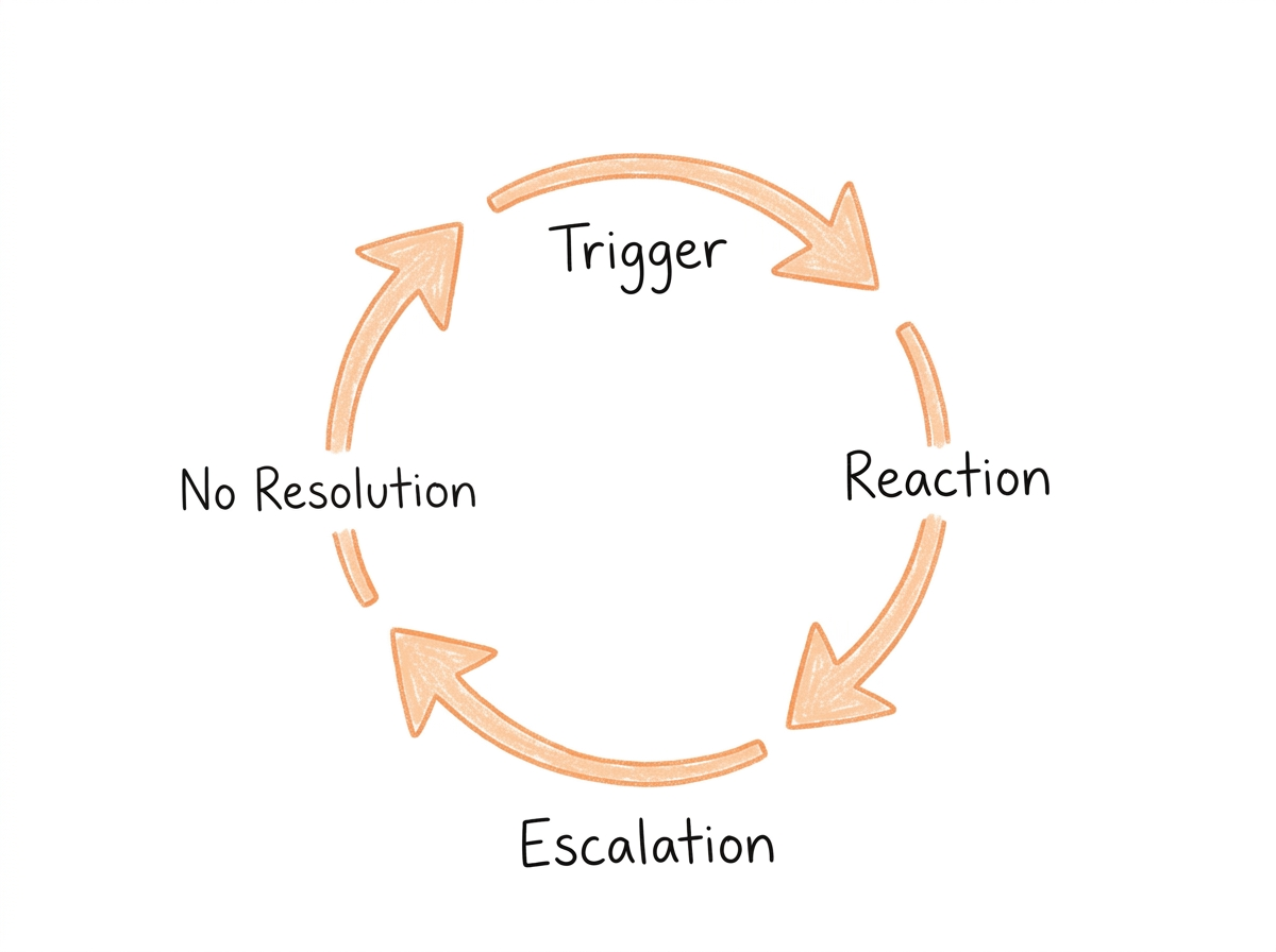 Circular arrows with descriptions: trigger, reaction, escalation, and no resultion