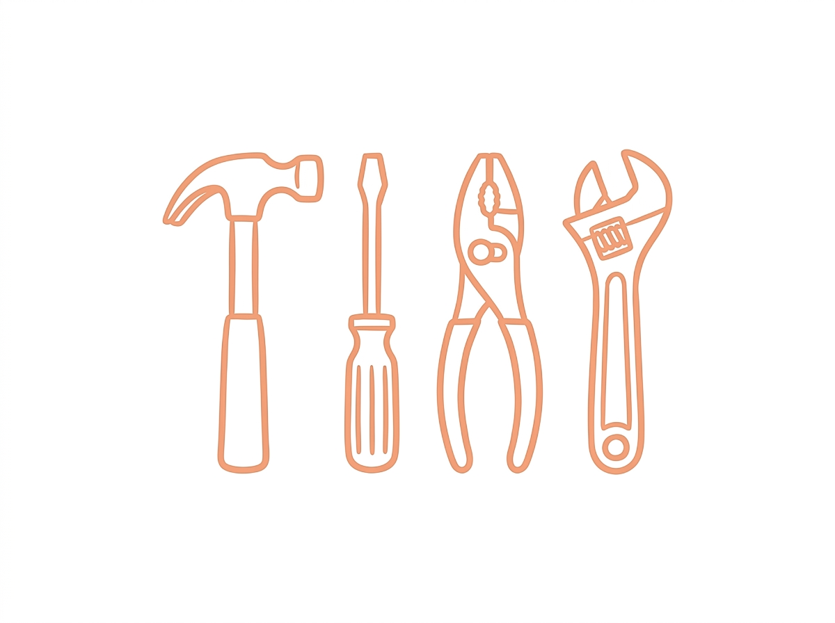 A hammer, screw driver, pliers, and wrench lined up next to each other. The tools are simply drawn with orange color on a white background