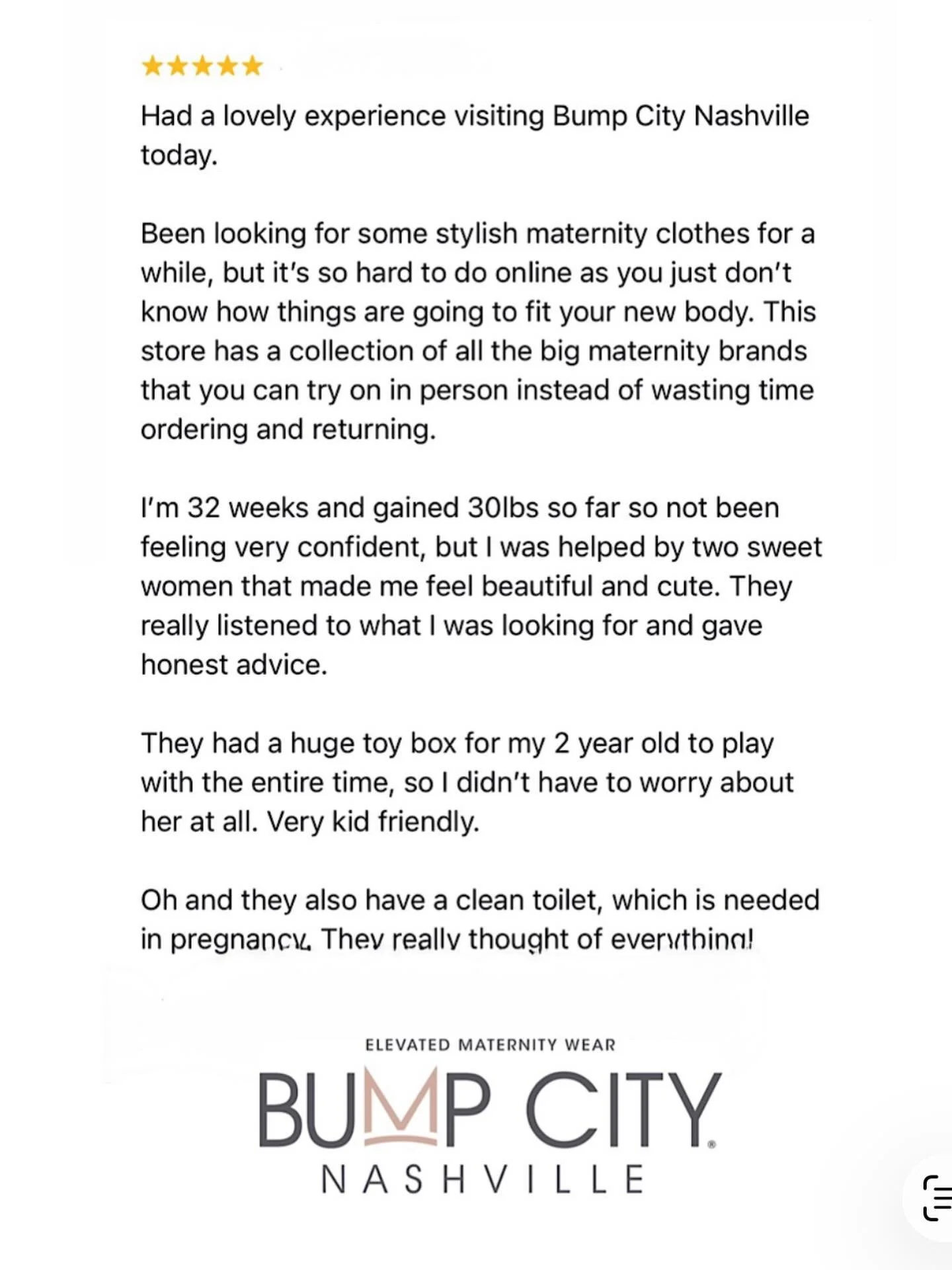 Thank you to the sweet mama who left us this review! ⭐️ 
✔️ We love to help you feel comfortable and confident 
✔️ Pick from all of the best brands 
✔️ Avoid the mess of online returns 
✔️ Kid-friendly
✔️ Beautiful bathroom 🚽😅
🙌 🤰#bumpcity #shopp