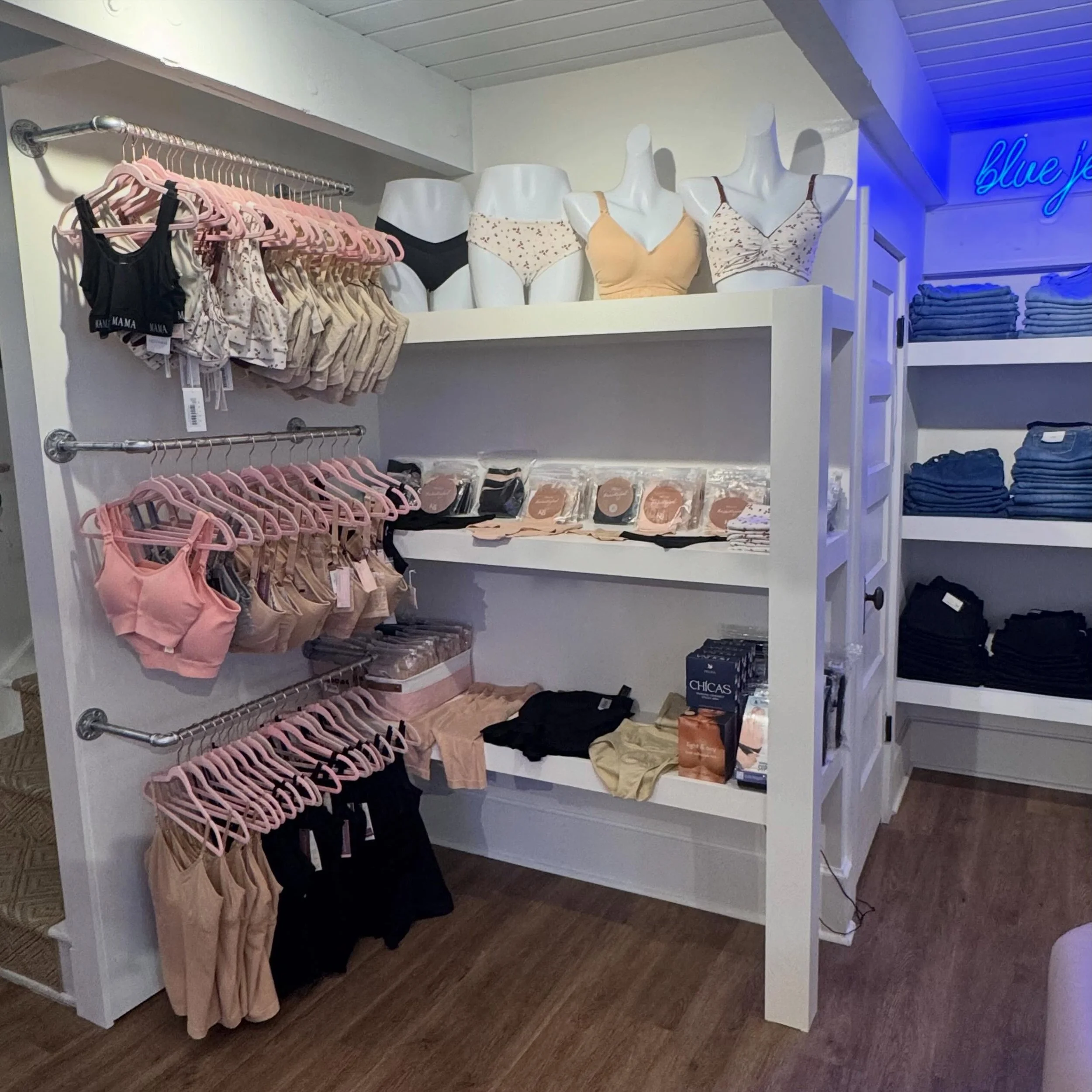 Our NEW section at the store dedicated to helping women find supportive and flattering BRAS (ugh, the struggle!), shapewear and underwear. Bras include nursing, maternity, pumping, lounge and sleepwear ranging from sizes XS - 3X Busty.  We also help 