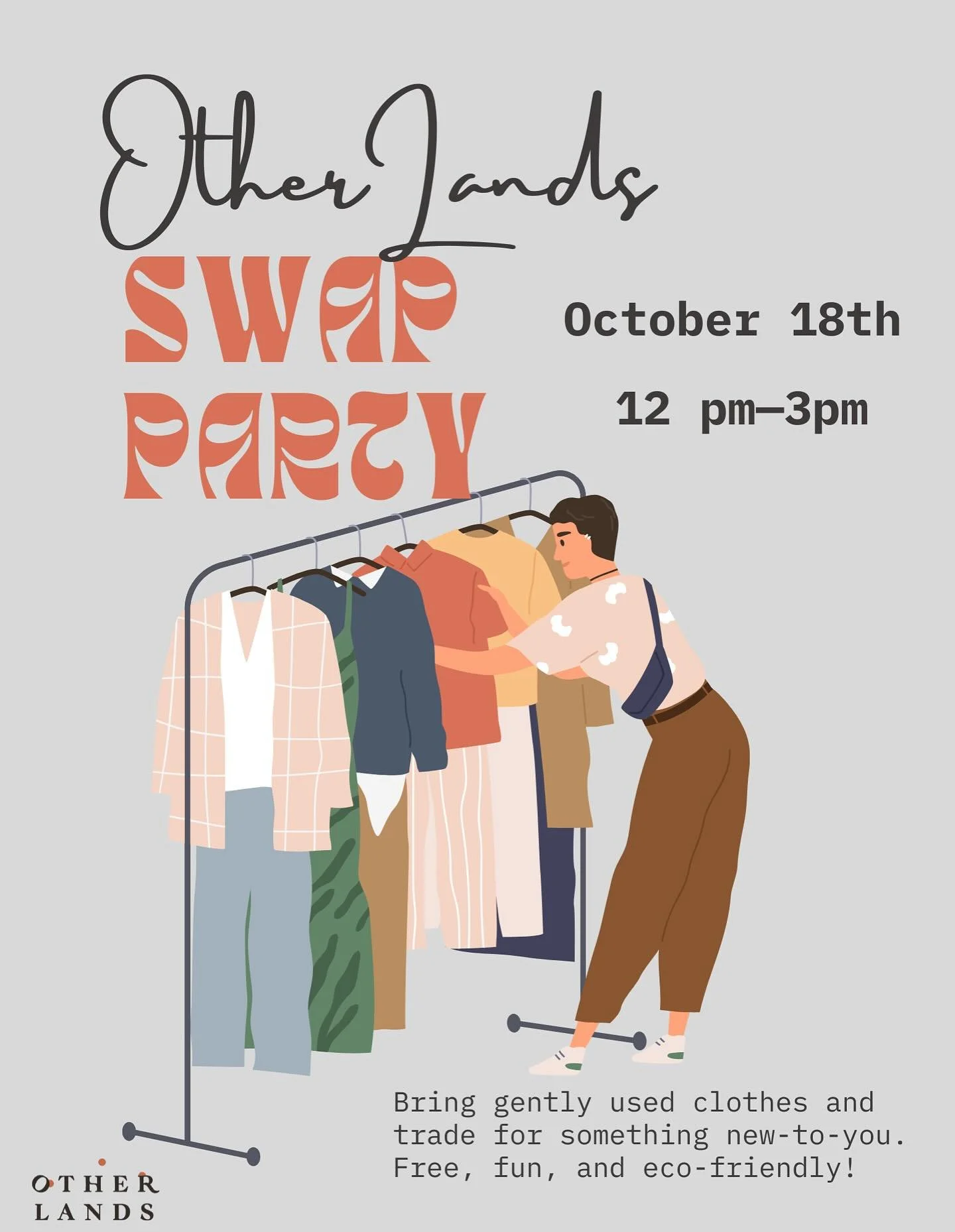 πΏ Community Clothing Exchange πΏ
Saturday, October 18 | 12–3 PM | Other Lands Café
Join us for a fun and eco-friendly clothing swap hosted by our own @emilyryannsmithlmt and open to all genders and all styles!! Bring up to 10 clean, ge