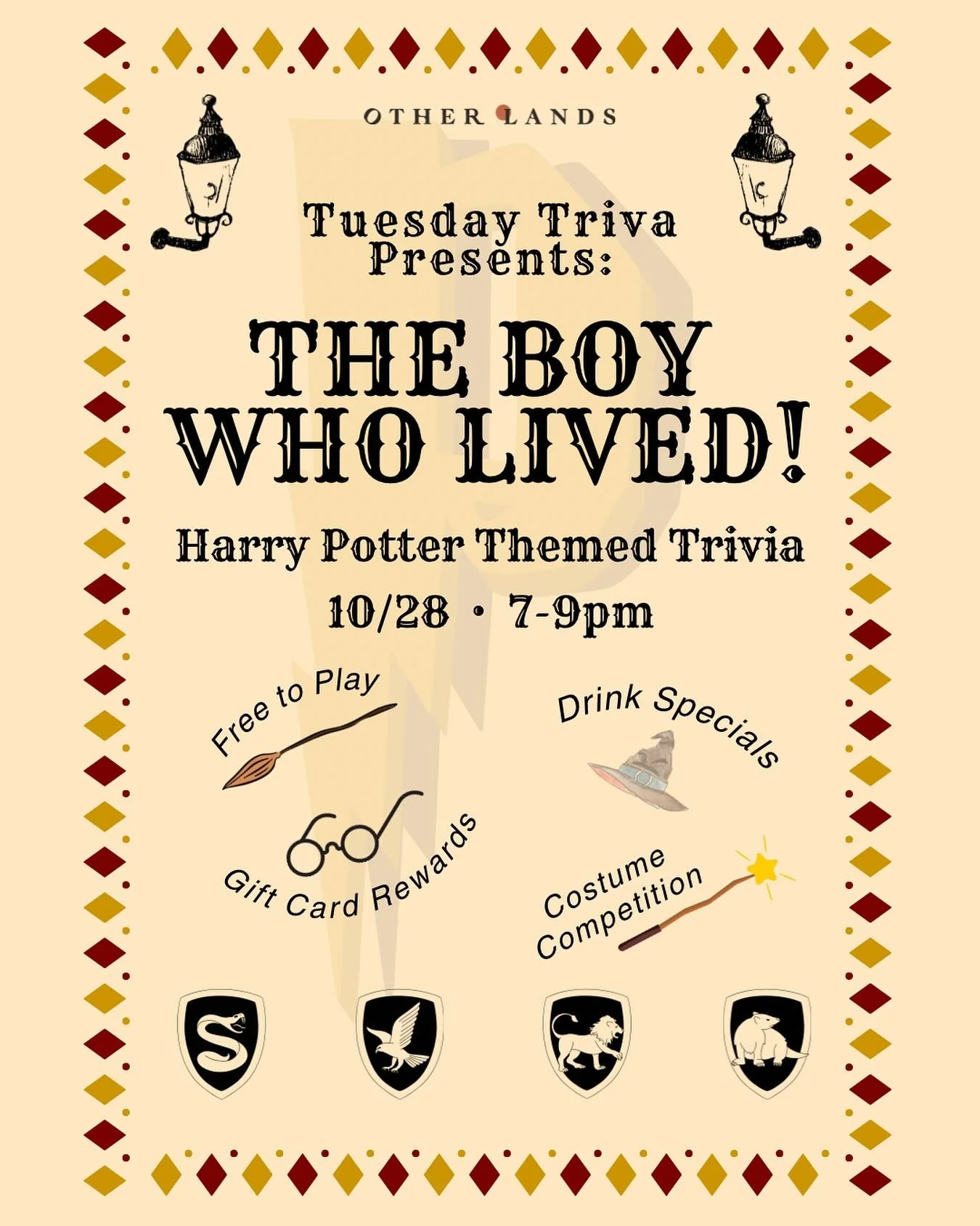 Next Tuesday ⚡️
Our first themed trivia with @leoasksquestions and it&rsquo;s the one you&rsquo;ve all been asking for. THE BOY WHO LIVED. (Come to die! 💀🐍)

Harry Potter trivia night. You better have read the books or you&rsquo;re cooked. We&rsquo