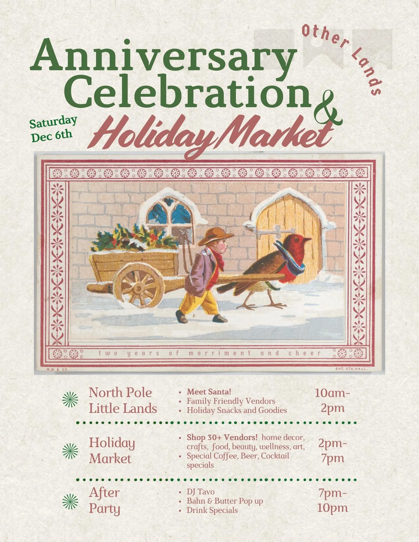 Two years 🥹✨
Feels wild to say it out loud but here we are! Celebrating another year of Other Lands with an all day holiday party. Saturday Dec 6. 10am to 10pm. Cozy chaos in the best way. So much to choose from and something special for everyone. A