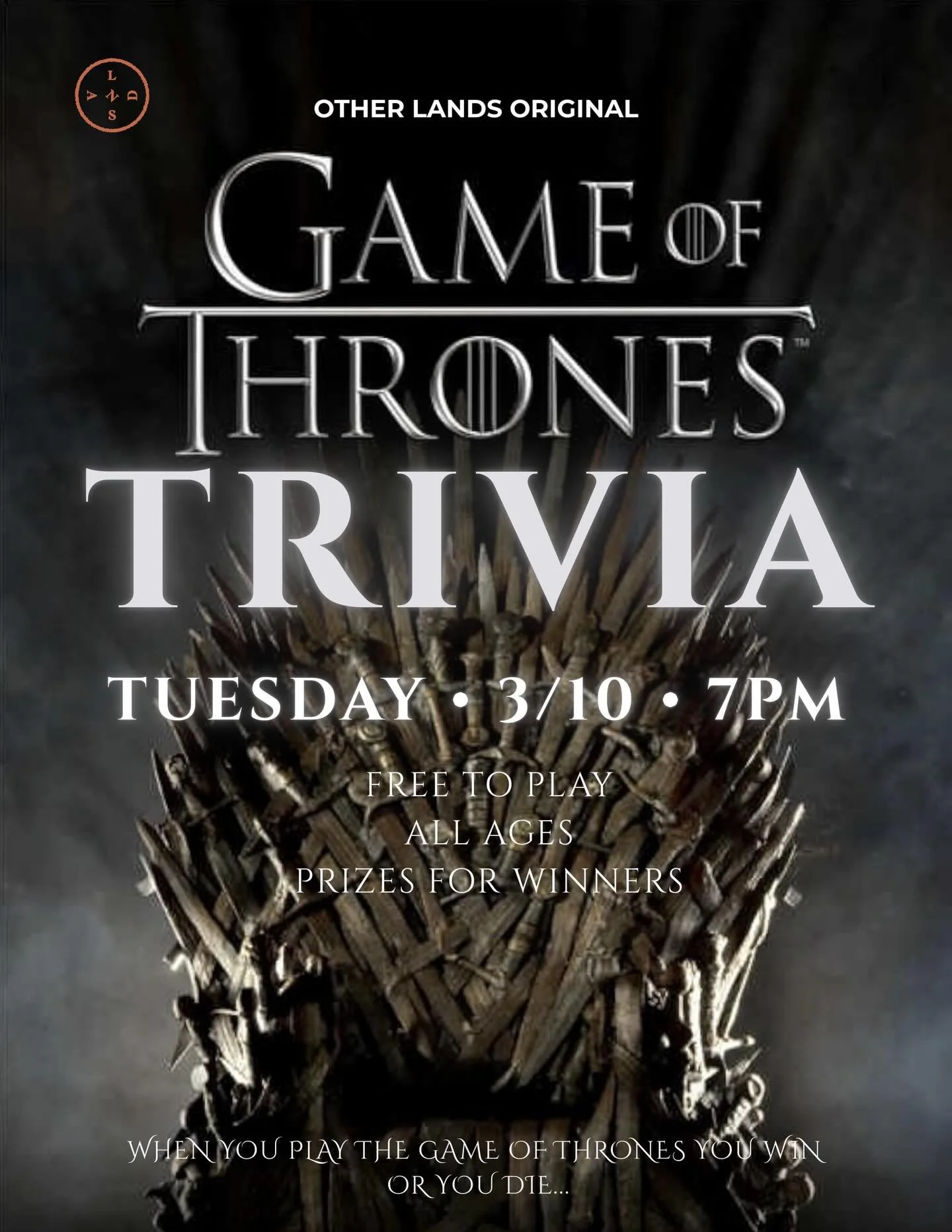 Our next themed trivia: GOT. 
Tuesday. March 10. 7pm. 

You&rsquo;ve asked and we&rsquo;re happy to deliver!⚔️ 🐉 👑 

Will Danny take Westeros? Will Jamie get over Cersei already? Will we see the mountains mutant face finally? Will Pedro Pascal be a