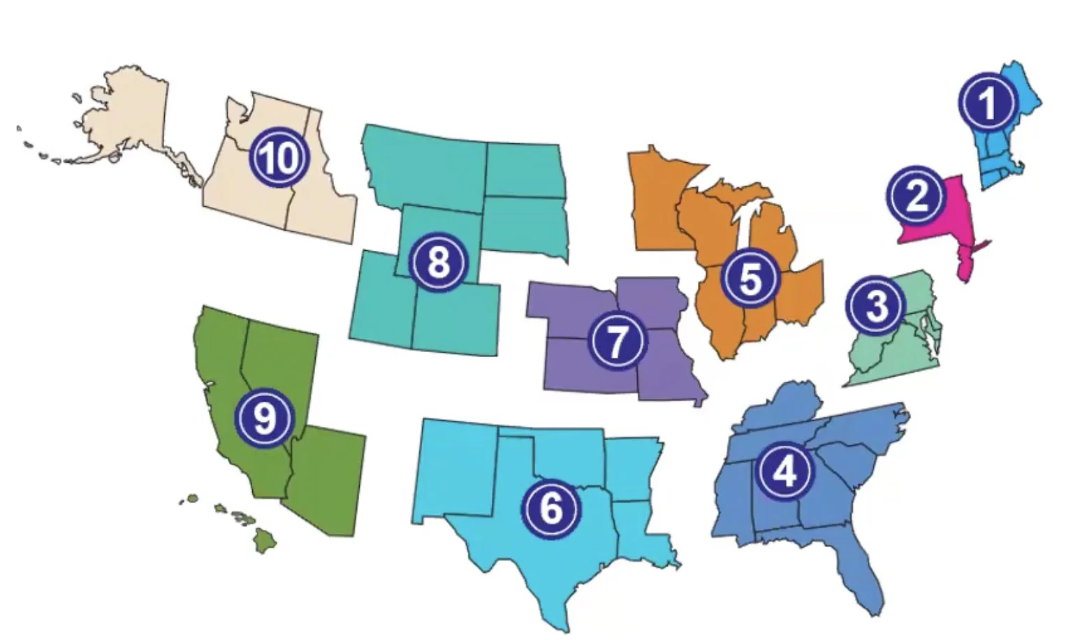 Image of a broken apart map of the U.S. showing ADA regions