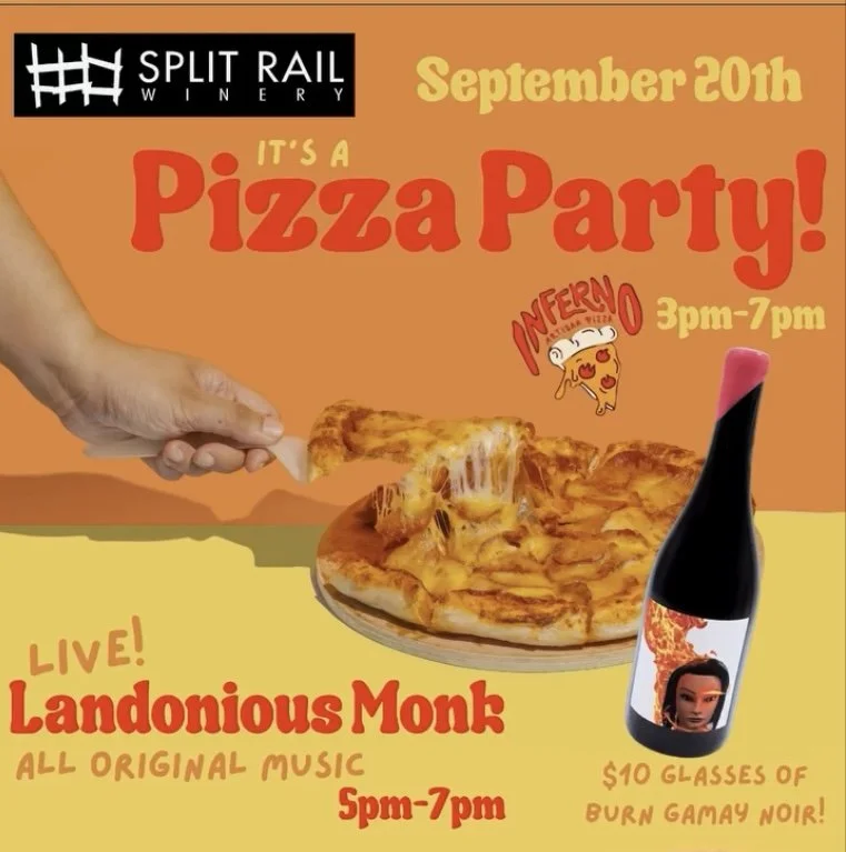 TASTING ROOM OPEN - PIZZA PARTY with Inferno Artisan Pizzas, featuring music from Landonious Monk!!
