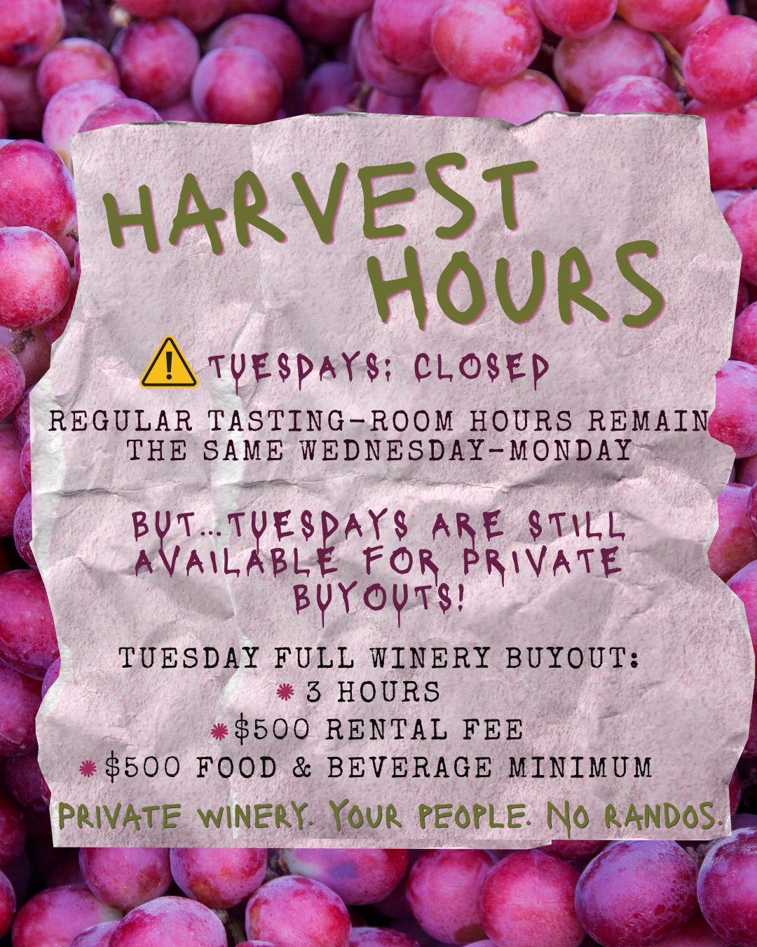 TASTING ROOM CLOSED - Harvest Hours!