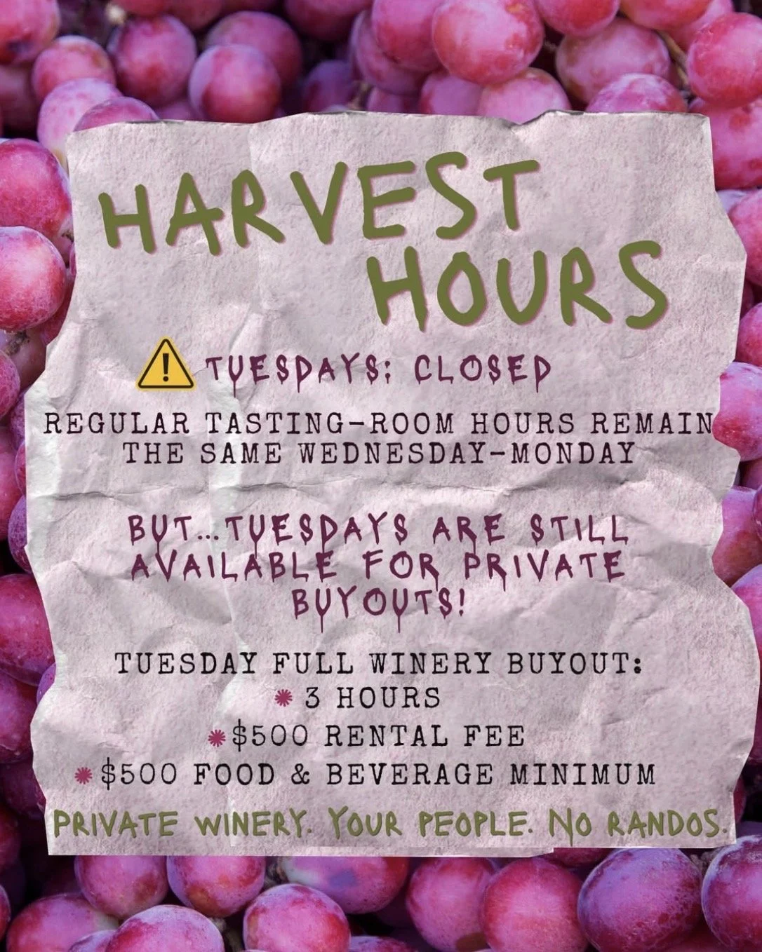 TASTING ROOM CLOSED - Harvest Hours!