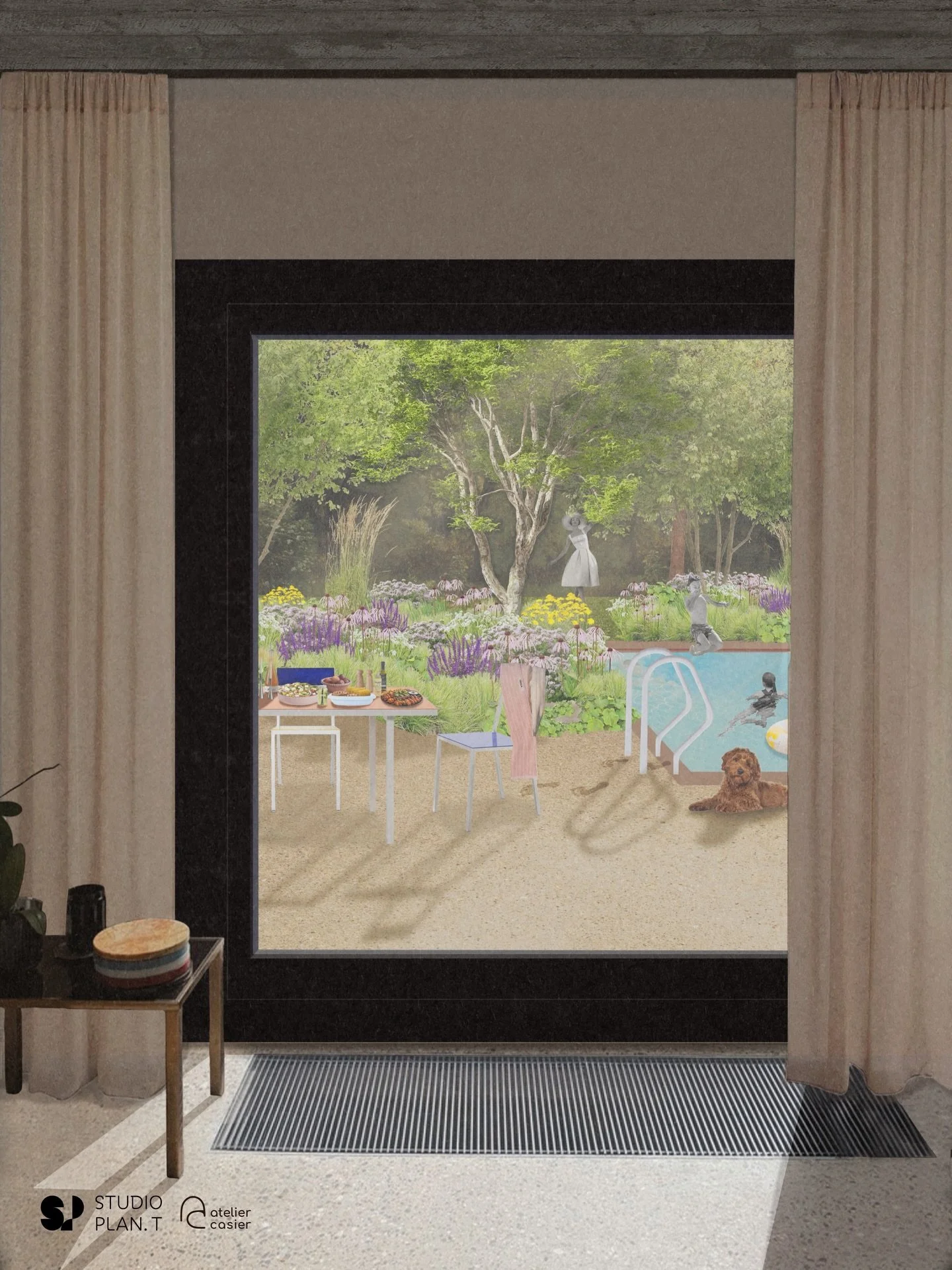 Two visualisations for an amazing project. The first image illustrates the indoor-outdoor connection, with the floor extending from the house out into the garden. The planting is brought close to the house to maximise the experience of greenery, even