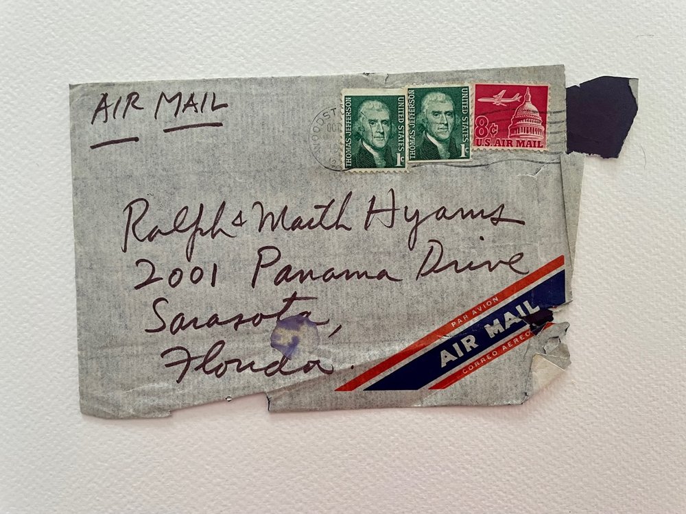  LETTER  Postmark: October [hard to make out year, but contents makes it evident that it’s 1970], Woodstock, NY  AIR MAIL  Return address: PHILIP GUSTON BOX 660, WOODSTOCK NEW YORK 12498    Addressed to: Ralph &amp; Martha Hyams 2001 Panama Drive Sar