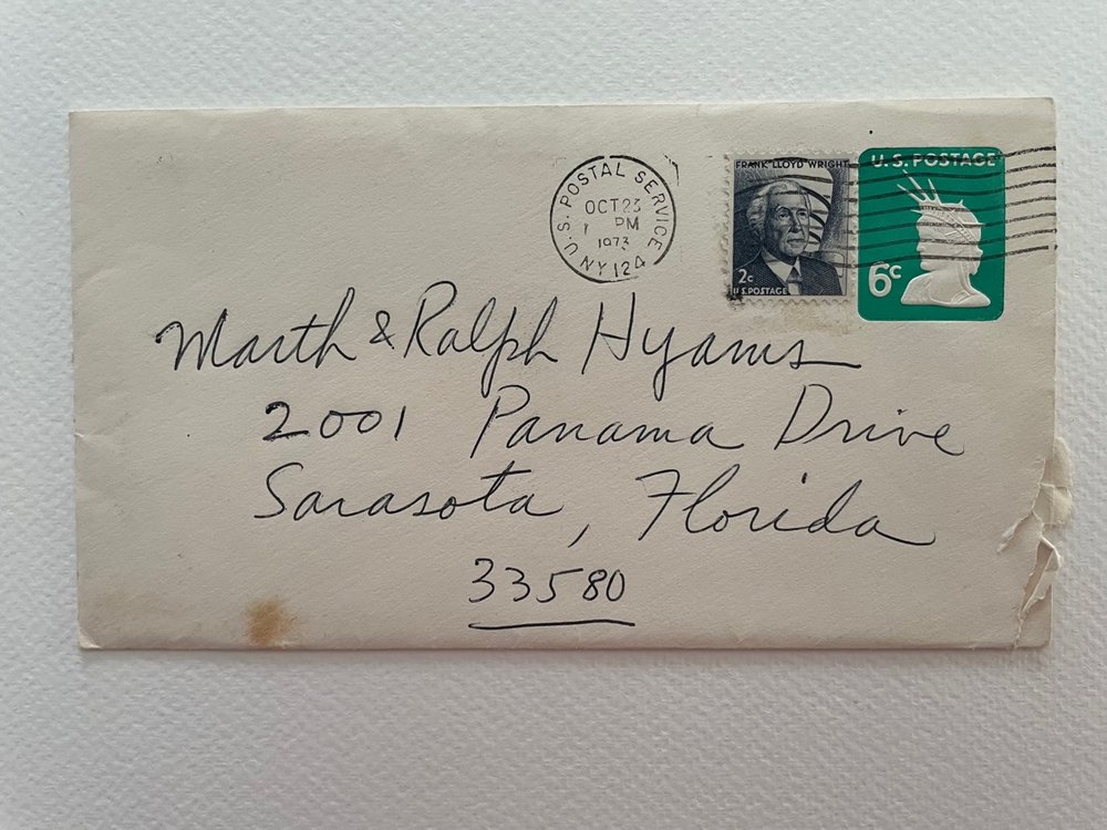  LETTER  Postmark: Oct 23, 1973, NY  Return address:  PHILIP GUSTON BOX 660, WOODSTOCK NEW YORK 12498    Addressed to:  Marth [sic] &amp; Ralph Hyams 2001 Panama Drive Sarasota, Florida       33580 