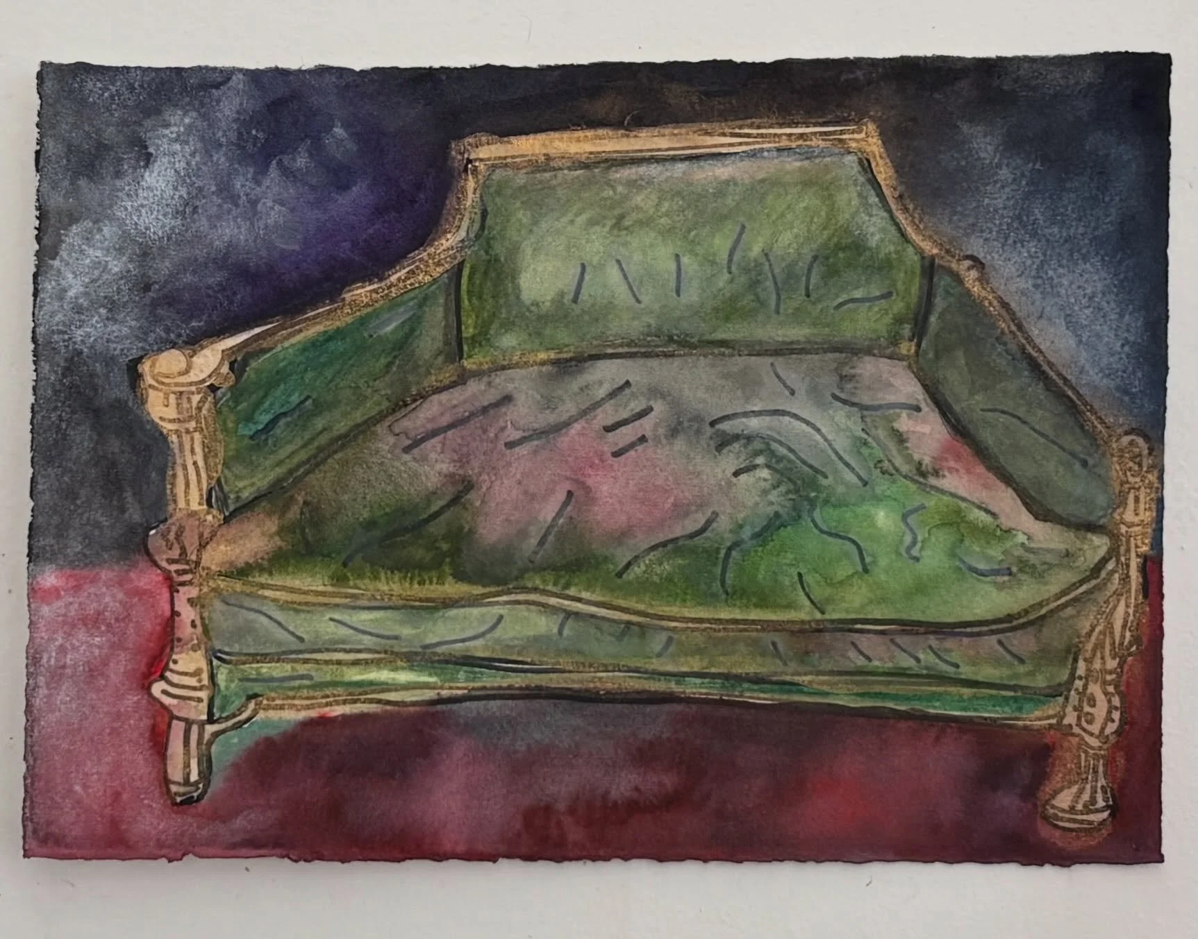 Broken Bone-Mending Chair, 2026 (watercolor pencils, watercolors, Sharpie ink pen, 8” x 11”)
