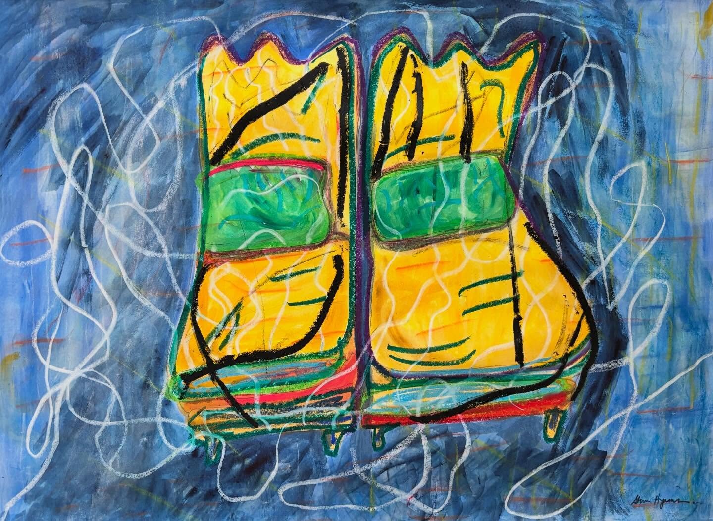 Coda: They Would Land, Again, Like Cats, 2025 (graphite and ink pencils, watercolors, gouache, oil pastels, oil paint stick, 22” x 30”)