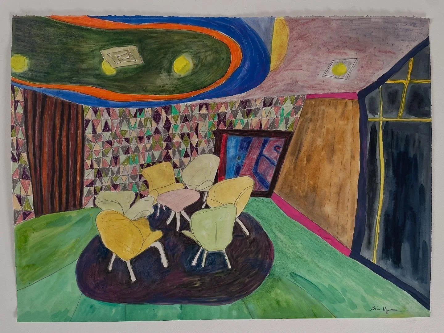 Hampton by Hilton Munich Airport South, 3am, 2024 (graphite, color, and ink pencils, gouache, 22” x 30.5”)