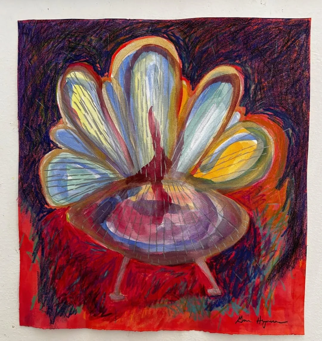 Director’s Note: Find Your Stillness, 2026 (graphite and color pencils, watercolors, 14” x 13”) — shape inspired by 1950s Paul McCobb Calif-Asia MCM Flower Rattan Chair as seen on Albuquerque Facebook Marketplace.