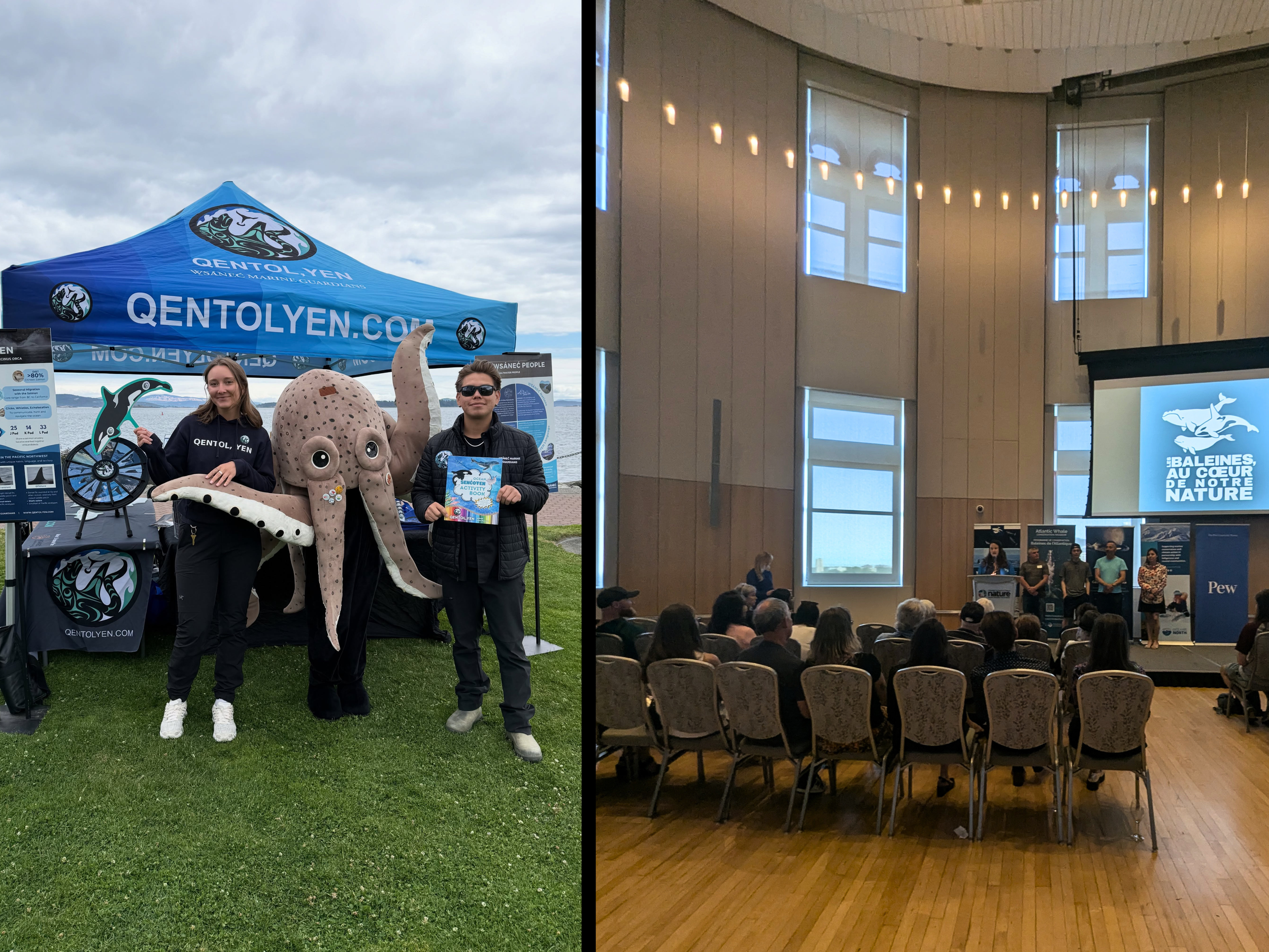 A side-by-side composite photo showing the QENTOL,YEN Marine Guardians at an outdoor community event booth in Sidney, BC on the left, and an indoor presentation stage for the 'Whales are in our Nature' event in Ottawa on the right.