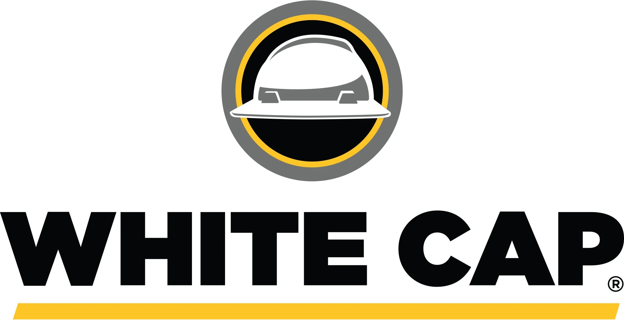 Logo for White Cap featuring a stylized white hard hat with gray and black outlines, the words "WHITE CAP" in bold black letters, and a yellow underline.