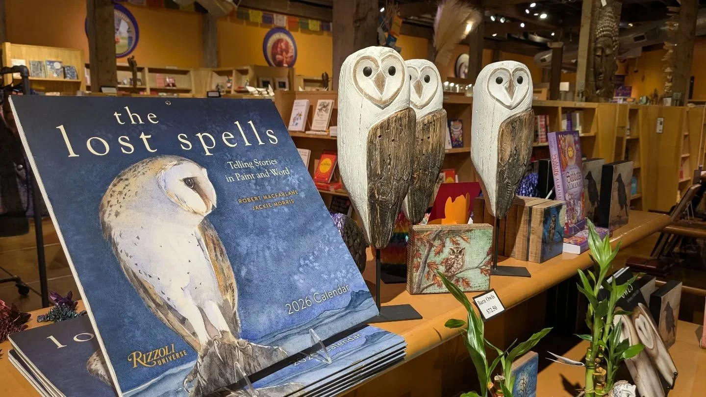 Calendar 2026
Lost Spells 
telling stories and paint and word 
by Robert Macfarlane
and Jacki Morris
Owls
The paintings of Jeannine Chappell
#slcbooks #robertmacfarlane  #Jackimorrisartwork #owls #owldecore
#slcbookstores #bamboo #consciousliving
#
