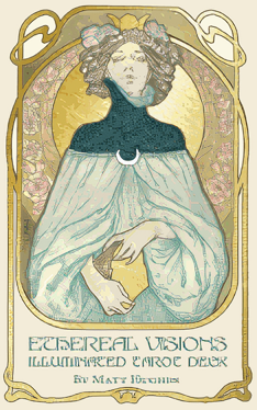 Tarot deck box art of an illustrated priestess in a moon robe holding yellowed pages of a book