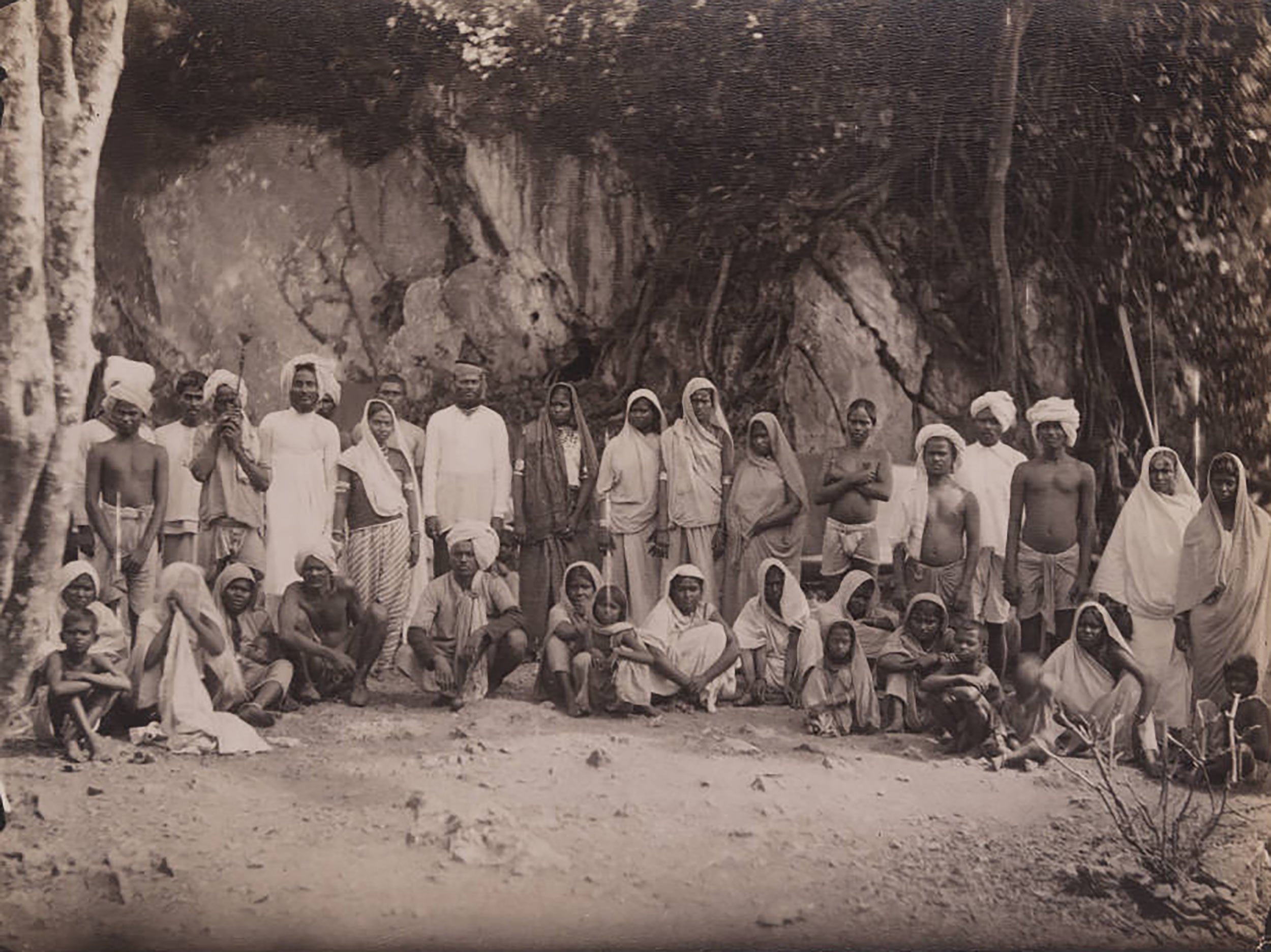Historic black and white photograph circa 1897 of newly arrived Indian coolies in Trinidad.