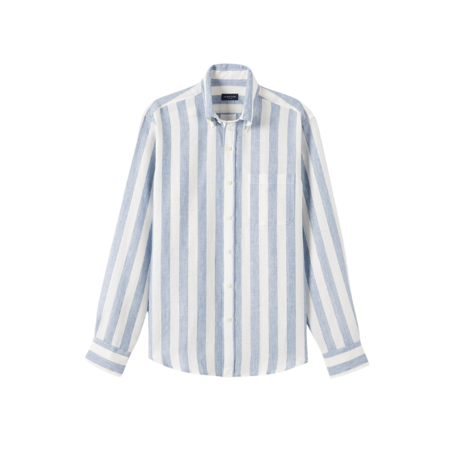 A long-sleeve button-up shirt with vertical light blue and white stripes, displayed against a white background.