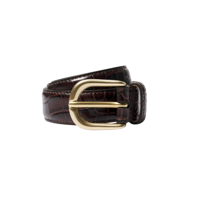 Brown leather belt with a gold buckle on a white background.