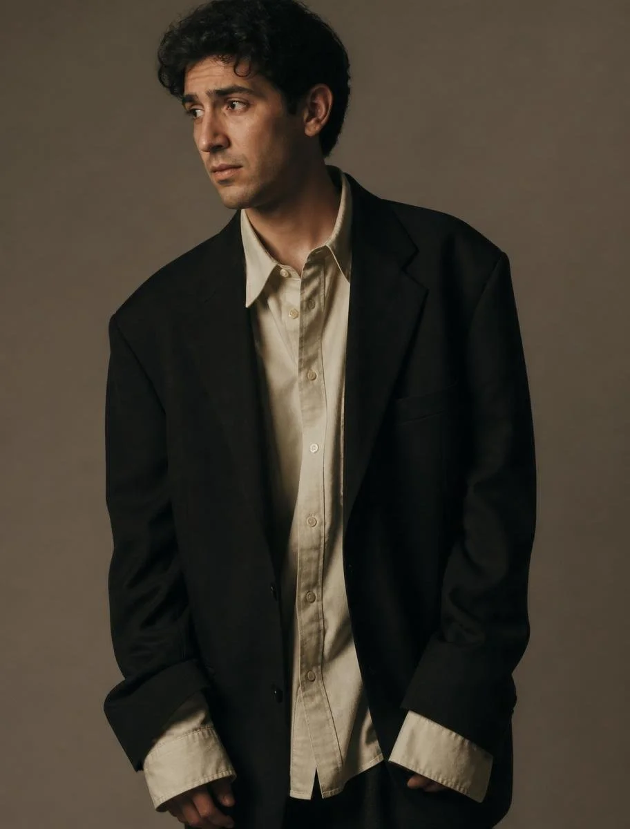 A man with dark curly hair and light skin wearing a black jacket over a beige button-up shirt, standing against a plain gray background, looking to his left.