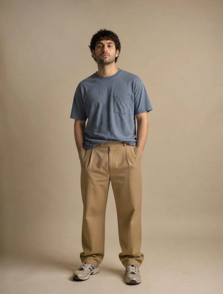A young man with curly dark hair and a beard stands against a plain beige background, wearing a blue T-shirt, khaki pants, and sneakers, with hands in pockets and a neutral expression.