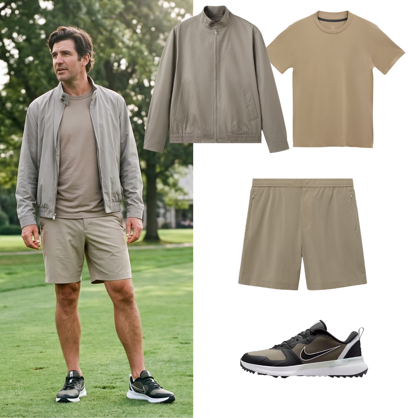 Man wearing a light gray zip-up jacket, matching beige shorts, black and white athletic shoes, standing outdoors on green grass.