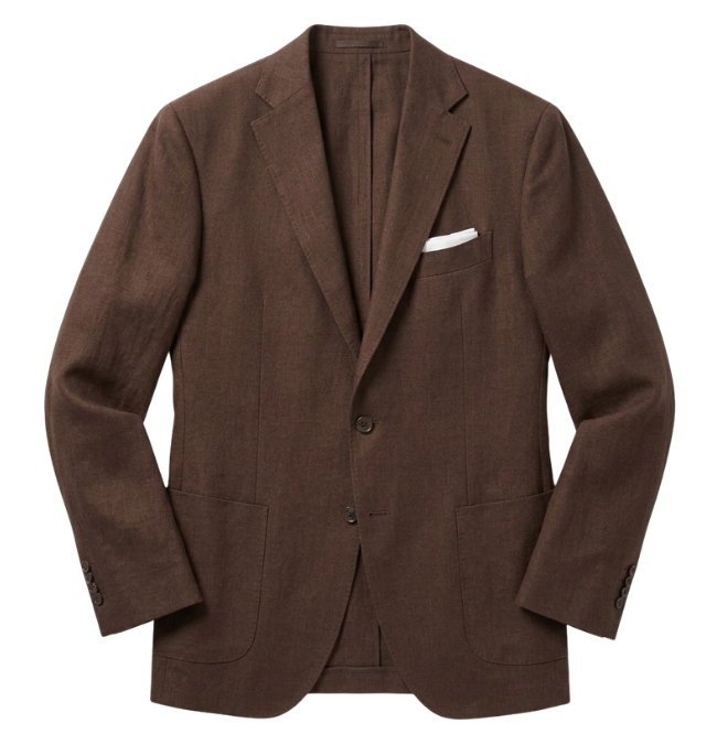 A brown men's suit jacket with a pocket square, facing forward.