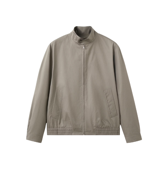 Beige zip-up casual jacket with a stand-up collar and side pockets