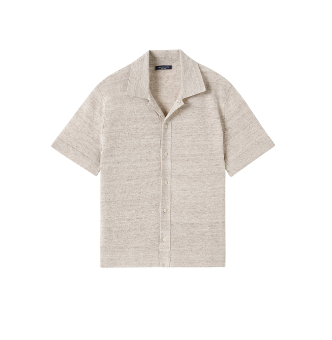 Beige short-sleeve button-up shirt with a collar