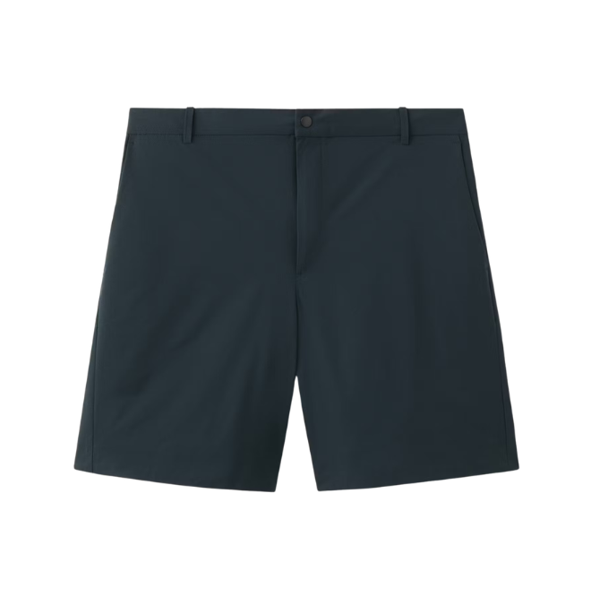 A pair of dark blue or navy shorts with belt loops and a button fastening.