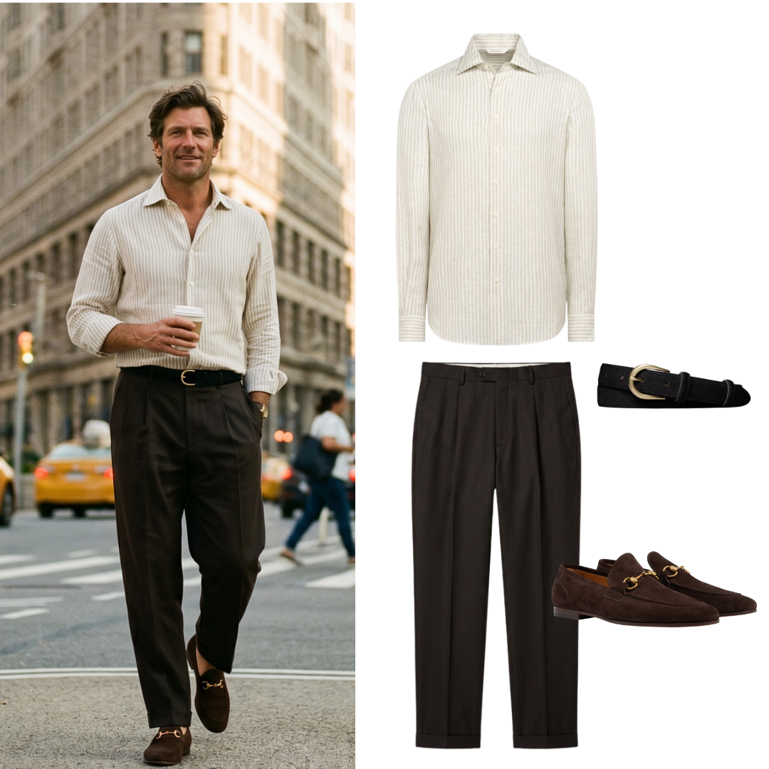 A man in business casual attire walking in a city, wearing a light-colored striped button-up shirt, dark tailored pants, brown loafers with gold hardware, a black belt, and holding a coffee cup.