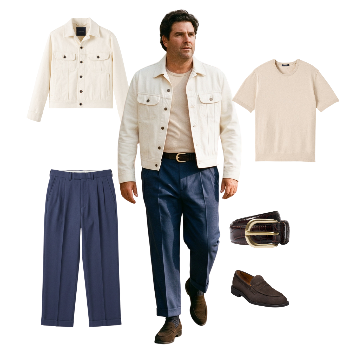 A man modeling business casual outfit including a white denim jacket, a beige t-shirt, navy blue pleated trousers, dark brown loafers, a brown belt, and a beige denim jacket.