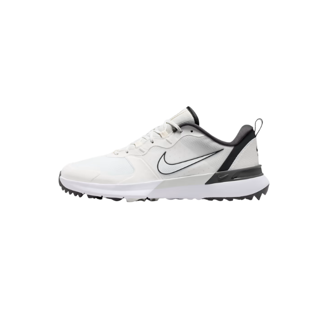 White Nike running shoe with black accents and a black Nike swoosh logo.