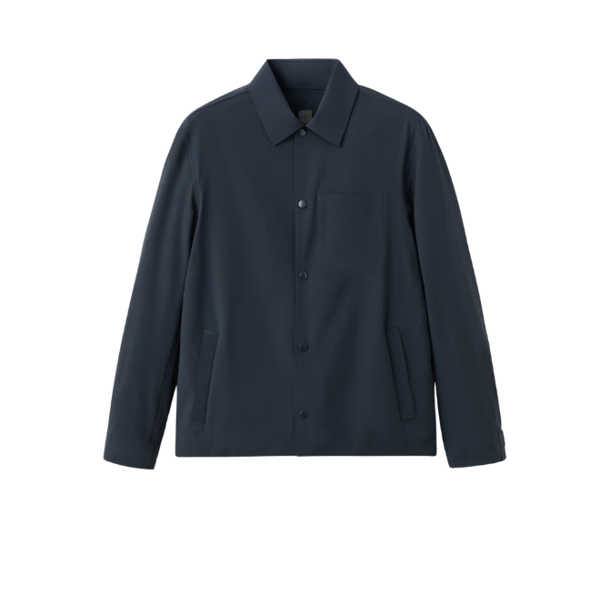 dark blue/black men's jacket with a collar, button closure, and pockets on the front, isolated on a white background