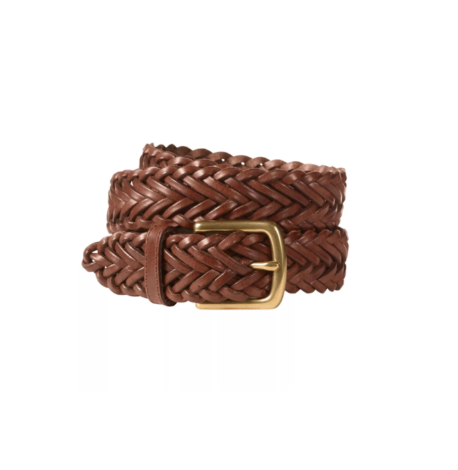 Brown braided leather belt with a gold buckle.