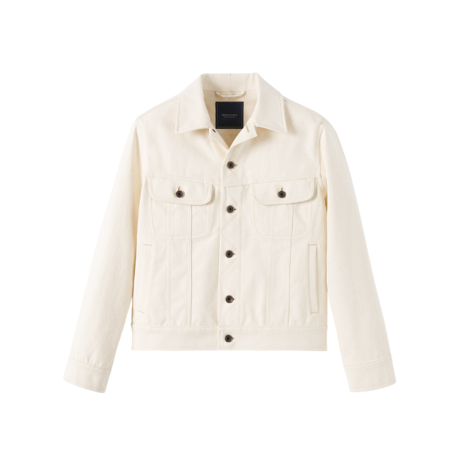 Cream-colored denim jacket with front flap pockets and dark buttons.