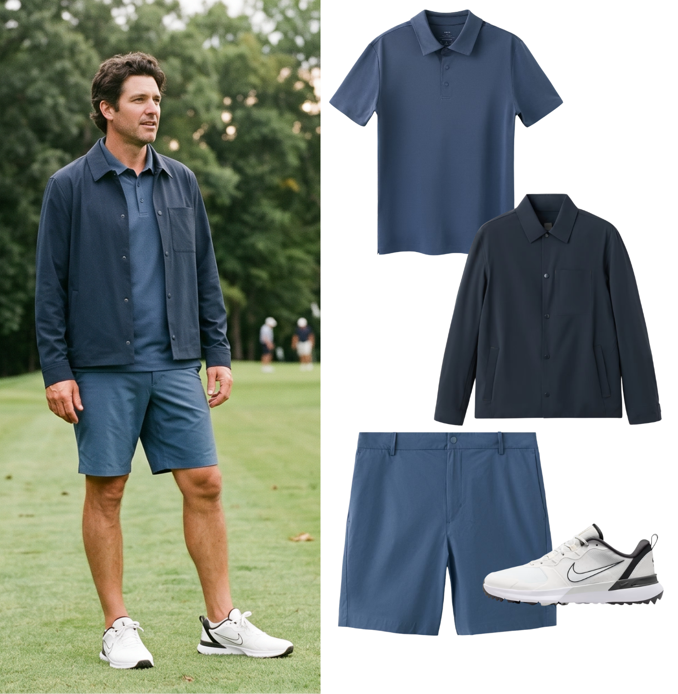 A man on a golf course wearing a navy blue zip-up jacket, a navy polo shirt, matching navy shorts, and white Nike golf shoes with black accents.