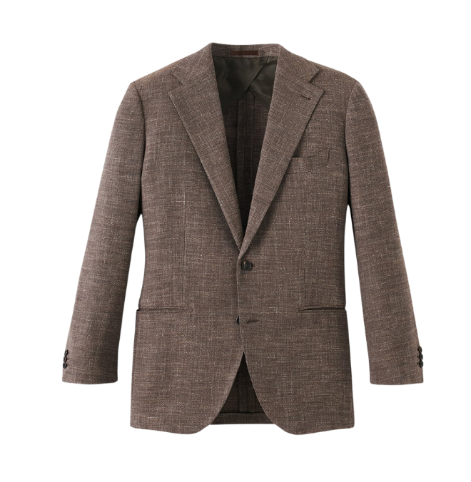 Brown checked men's blazer with notch lapel and two front pockets.