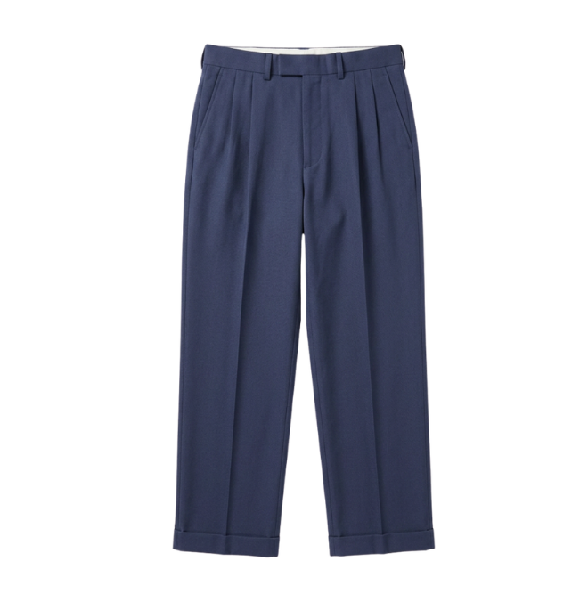 A pair of navy blue dress pants with pleats and cuffed hems.