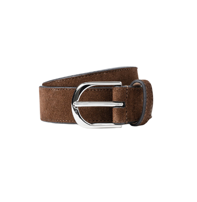 Brown suede belt with a silver buckle on a white background.