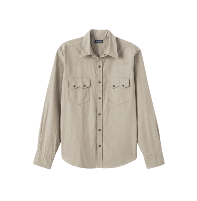 Beige long-sleeve button-up shirt with two chest pockets and flap closures